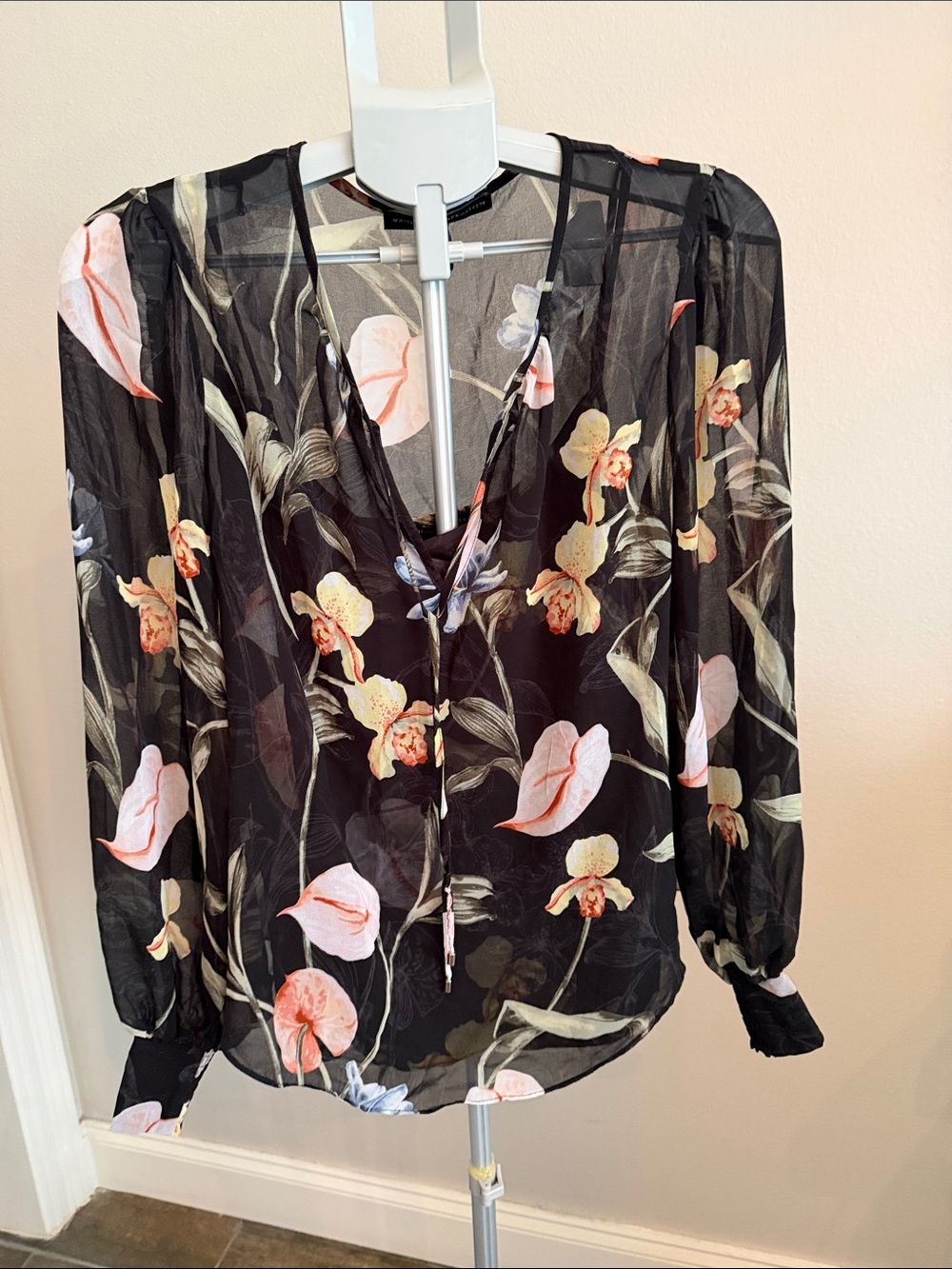 White House Black Market Black Sheer Tie-Neck Blouse with matching Camisole